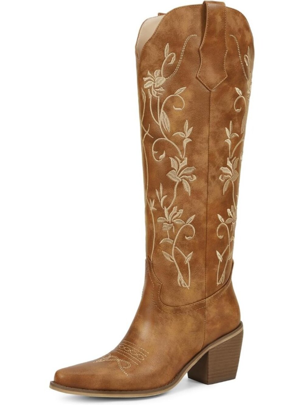 Women's Brown Leather Pull On Knee High Cowgirl Retro Embroidered Chunky Heel